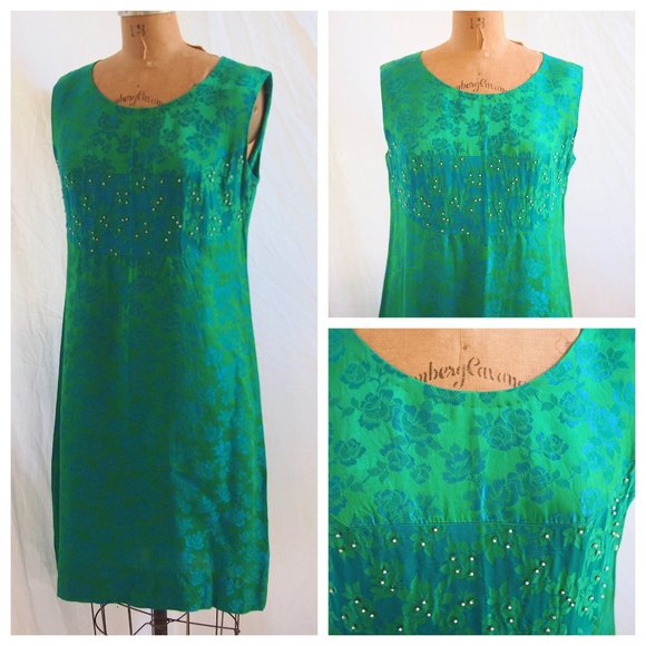 vtg 60s Mod Damask Shift Cocktail Retro Party Dress Pearls Iridescent Sequins M - Picture 1 of 12